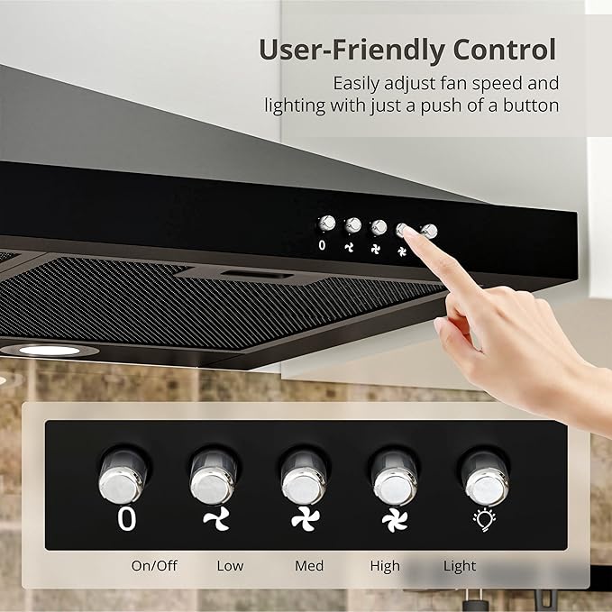 FIREGAS Black Range Hood 36 inch with Ducted Convertible Ductless, Kitchen Wall Mount Chimney-Style Over Stove Vent, 3 Speed Exhaust Fan, LED Lights