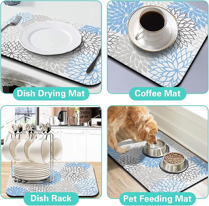 Dish Drying Mat for Kitchen Counter Matt, 2PCS 19"x12" Dish Drainer Mat & 24"x5.5" Sink Splash Guard, Super Absorbent Non-slip Rubber Backed