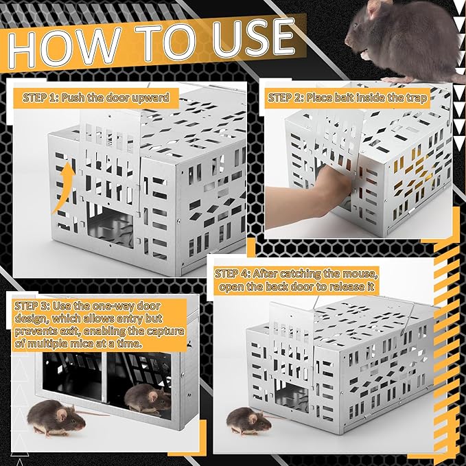 Qualirey 2 Pack Rat Trap Humane Mouse Trap with Double Opening One Way Door Design Automatic Continuous Cycle Live Mouse No Kill for Indoor and Outdoor Capturing or Releasing Rodents