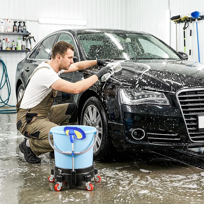 2Pcs Heavy Duty Car Wash Bucket Dolly with 360° Swivel Casters, 5 Gallon Bucket Dolly, 300 lb Capacity, Secure Fit, Round Plastic Rolling Pail Stand for Car Washing, Auto Detailing