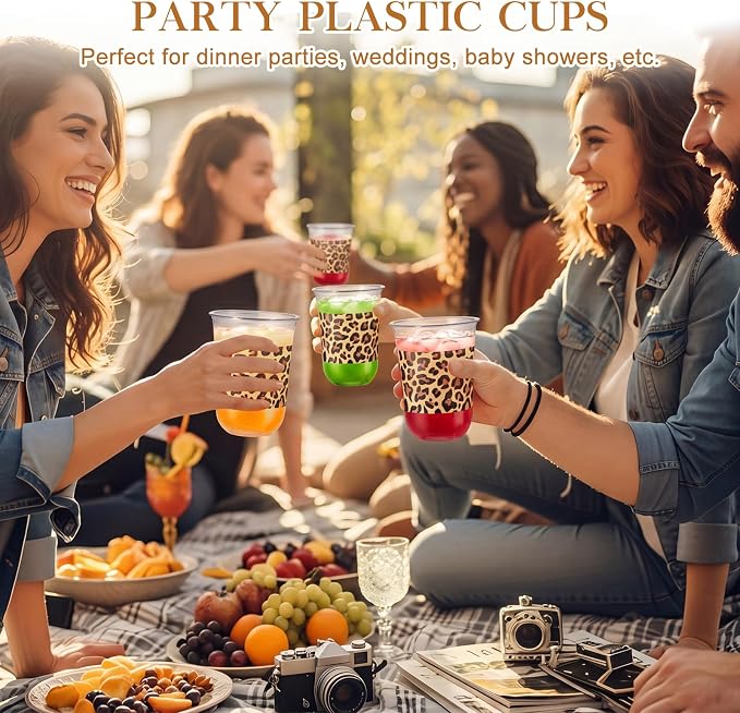 Ziliny 50 Pcs 16oz Plastic Cups Leopard Print Birthday Party Decorations Supplies Disposable Plastic Cups for Bachelorette Party Valentines Galentines Day Christmas Wedding Baby Shower