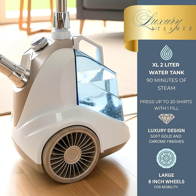 True & Tidy Luxury Upright Commercial Garment Steamer, Smart Auto Shut-Off Technology, 10 Steam Settings w/Wheels, 1800W Powerful Standing Clothes Steamer Fast Wrinkle Removal for Home & Business Use