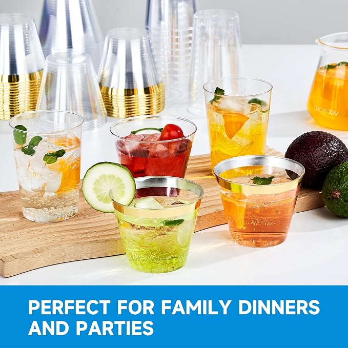 RACETOP 9 oz 100 Pack Clear Plastic Cups with Gold Rim, Disposable Gold Rim Clear Plastic Cups for Parties, Gatherings, Weddings, and Festival Events