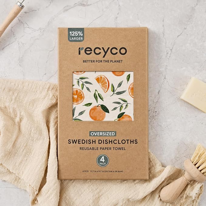 RECYCO Swedish Dishcloths for Kitchen | 4 Pack Oversized Washable Dish Rags | Large Cellulose Reusable Cleaning Paper Towels | Absorbent Counter Dish Cloth Sponge XL Kitchen Wipes, 12" L x 11" W