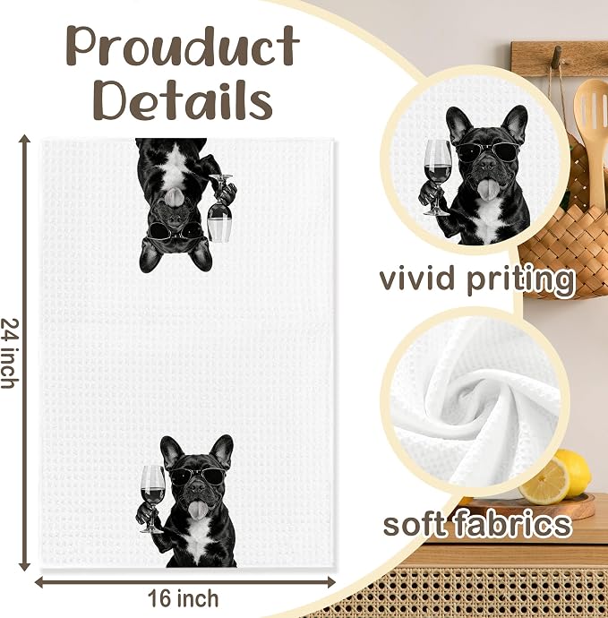Funny French Bulldog Wine Bar Kitchen Towels, French Bulldog Gifts for Women Decorative Hand Towels for Kitchen Decor, Frenchie Mom Gifts Dish Tea Towel, 16x24 Inch