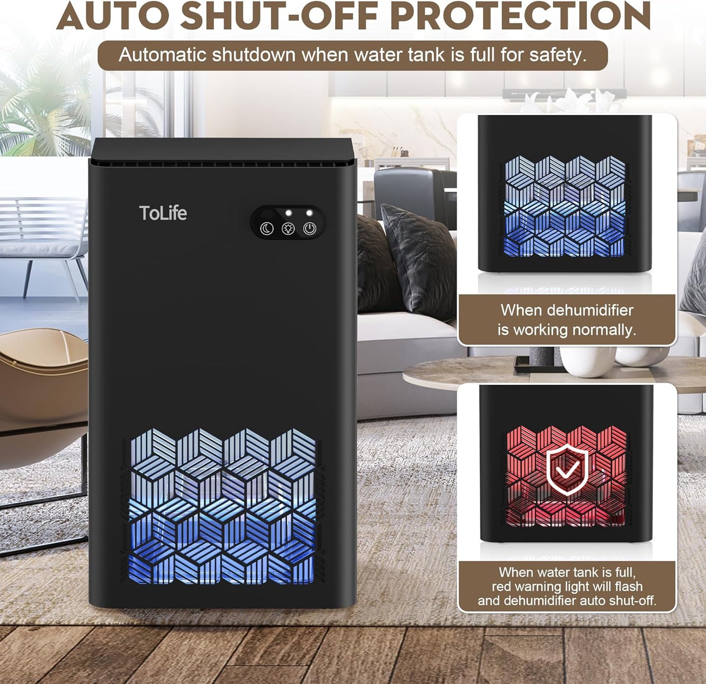 ToLife Dehumidifier for Home, 1000 sq.ft Dehumidifiers for Basement Bedroom Bathroom with 95 OZ Water Tank, Auto Shut Off 7 Colors LED Light, Black