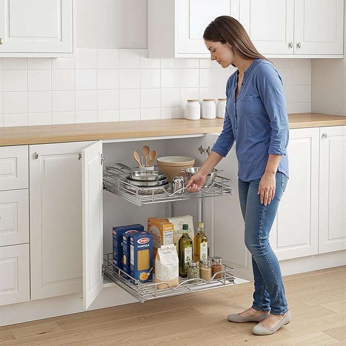 2-Tier Pull-Out Cabinet Organizer with Heavy-Duty Steel Frame, Full-Extension Sliding Shelves, Holds 100 lbs, Easy Install for Kitchen, Pantry & Under Sink Cabinets, 8" W x 21”D x 16.5" H