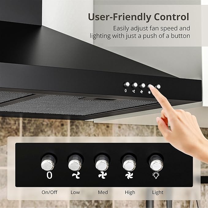 FIREGAS Range Hood 24 inch Wall Mount Type with Ducted/Ductless Convertible,450 CFM Stainless Steel Chimney-Style Kitchen Hood, Over Stove Vent Hood with 3 Speed Fan,Charcoal Filters,Black