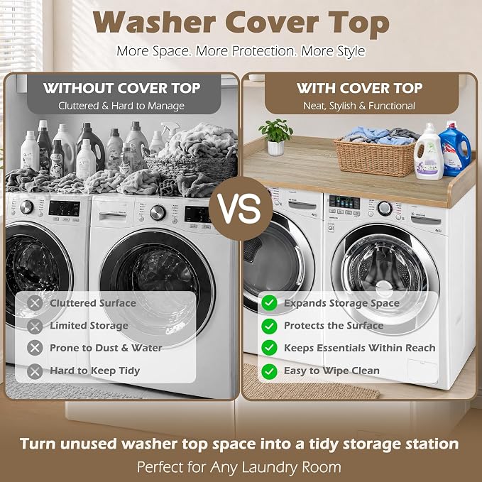 Royxen Washer Dryer Countertop with Solid Wood Core,54“W x 27.5D Laundry Countertop with Edge Rails,Washer and Dryer Topper for Laundry Room Organization(White Oak)