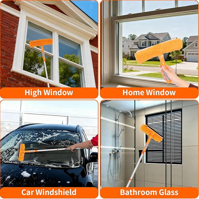 152'' Window Cleaning Kit, 2 in 1 Window Squeegee with Extension Poles, Window Cleaner Tools for Indoor/Outdoor High Window, Car, Glass