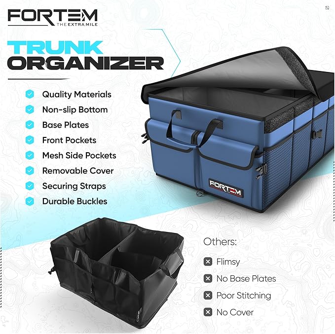 FORTEM Car Boot Organiser, Collapsible Multi Compartment SUV Organizer, Foldable Storage for Car Accessories for Women Men, 600D Oxford, Non Slip Bottom, Securing Straps, Soft Cover (50L)