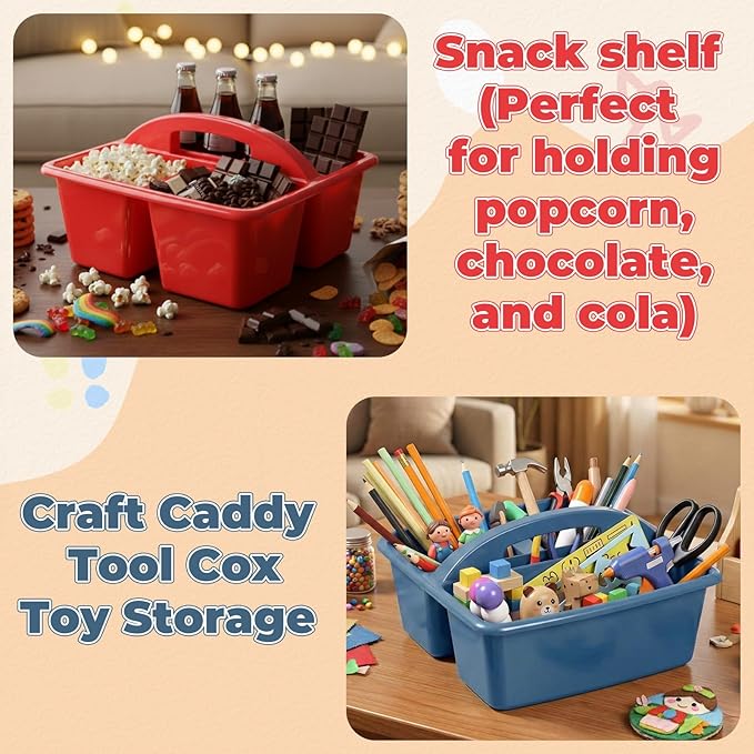 Kathfly 12 Pack Caddy Organizer with Handle, Stackable Organization Storage, Small Plastic Basket Classroom Caddy for Table Desk Office Pencil Kids Room Craft Art Teacher School Supplies (Blue Red)