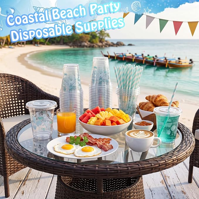 Domensi 25 Sets Seashell Themed Plastic Cups with Lids and Paper Straws 12oz Blue Ocean Disposable Drinking Cups Bulk for Cold Drinks Baby Shower Wedding Summer Theme Birthday Party Supplies