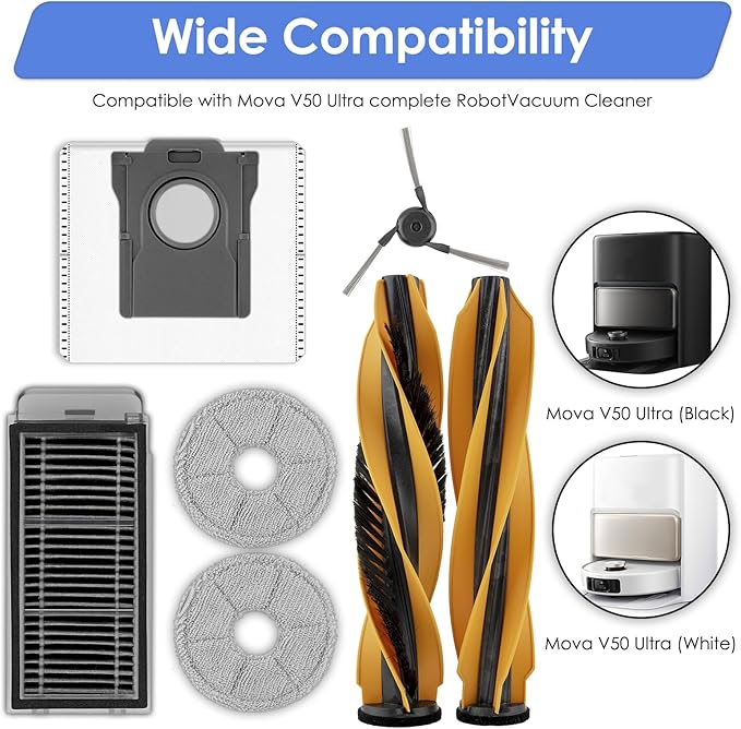 (21 Pack) V50 Ultra Complete Replacement Parts Compatible with Mova V50 Ultra Complete Robot Vacuum Cleaner, 2 Roller Brushes, 5 Mop Pads, 4 HEPA Filters, 4 Dust Bags, 6 Side Brushes, Accessories Kit