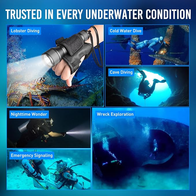 ORCATORCH D550 Scuba Dive Light 1000 Lumens Underwater Flashlight with 3 Modes, Tail Switch, IP68 Waterproof, Hands-Free Backup Dive Light with Wrist Strap