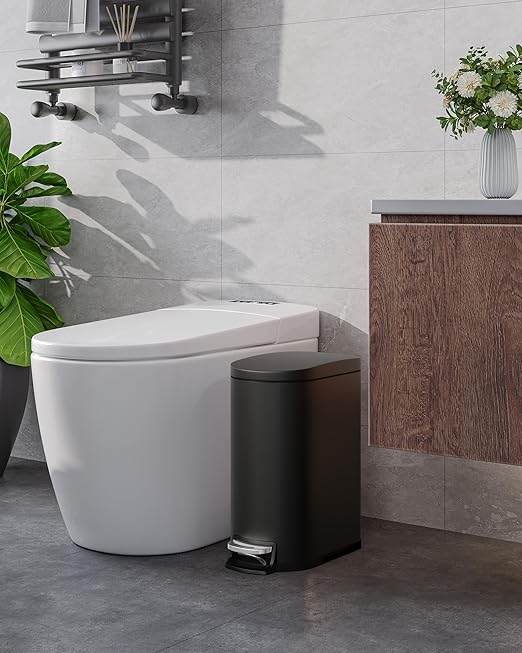 Garvee 2.6 gal / 10 L Metal Bathroom Trash Can with Lid, Slim Waterproof Garbage Can for Bedroom, Small Step-on Trash Bin with Inner Bucket, Rear Handle, Soft Close Lid, Black