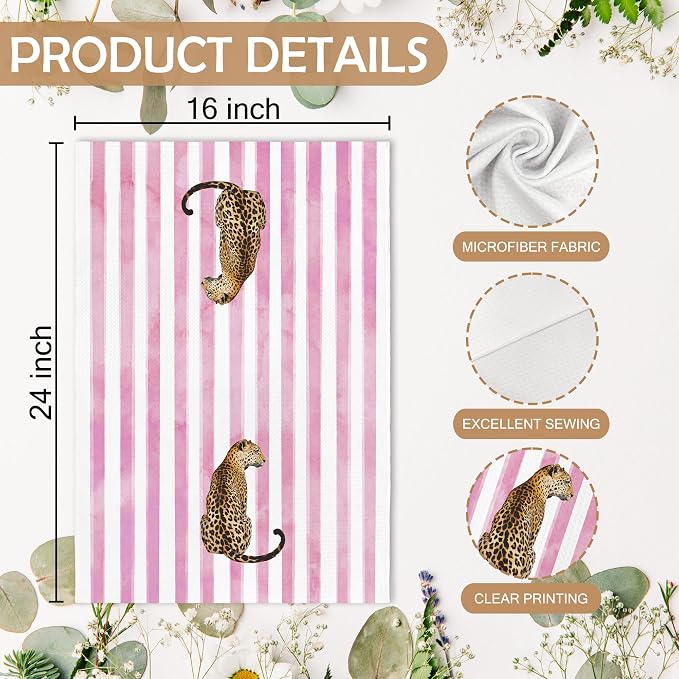 Trendy Leopard Cheetah Print Poker Lucky 8 Ball Bathroom Decor, Preppy Funky Pink Stripe Decor Dish Hand Towels for Bathroom Kitchen Sets of 2, Cheetah Kitchen Towels and Dishcloths, 16x24in