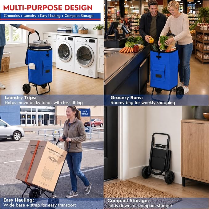 Shopping Cart, Super Loading Grocery Trolley, 220 lbs Capacity, Foldable Cart with Extra Large 55L Shopping Bag Portable Grocery Utility Cart with Adjustable Bungee Cord (Blue)