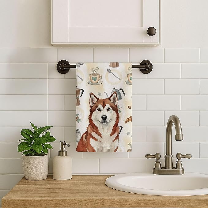 Caroline's Treasures Red and White Alaskan Malamute Coffee Bar Kitchen Towel Velour Plush Front and Cotton Loop Back Machine Washable