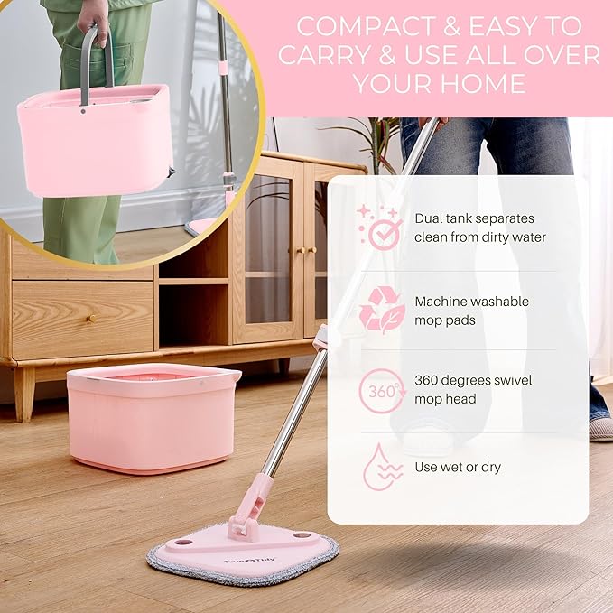True & Tidy® True Clean Mop and Bucket System, Includes Square Spin, Dual Compartment Mop Bucket and 2 Thick Machine Washable Pads New Upgraded with Side Brush with StickyPro XL Lint Roller
