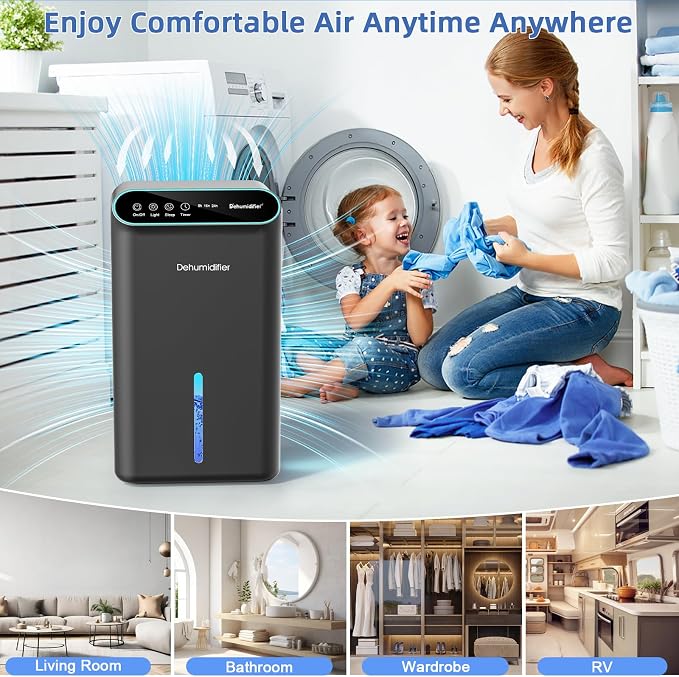 LOMMOL Dehumidifier, 86 OZ Dehumidifiers for Home (800 Sq.ft), Dehumidifier for Bedroom with Essential Oil Diffuser, 7 Color LED Light, 24H Timer, Auto Shut-off, Ideal for Bathroom Closet RV (Black)