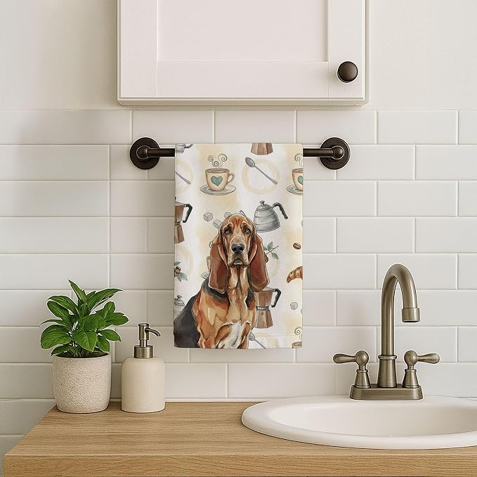 Caroline's Treasures Liver and Tan Bloodhound Coffee Bar Kitchen Towel Velour Plush Front and Cotton Loop Back Machine Washable