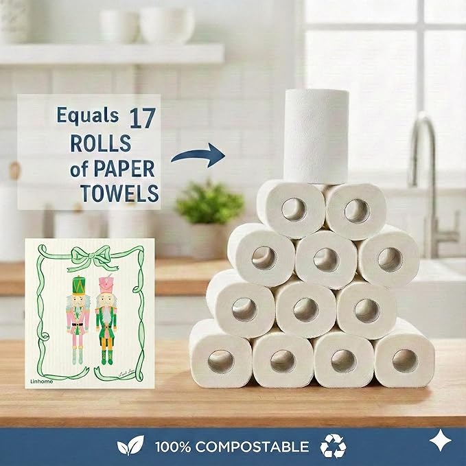 Christmas Holiday Swedish Dishcloth, Reusable Paper Towel, Super Absorbent Cellulose Sponge, Washable Kitchen Cleaning Cloth (Nutcraker Duo - 1 Pack)