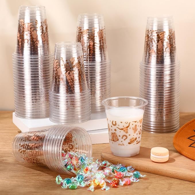 Jingmore 100 Pcs Western Plastic Cups 12 oz Clear Disposable Plastic Cowboy Cowgirl Drinking Cups Bulk for Boho Preppy Baby Shower Birthday Wild West Party Decoration Supplies(Western Cowboy,Brown)