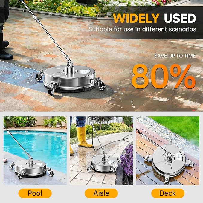 TOR 14" Stainless Steel Pressure Washer Surface Cleaner with 4 Caster Wheels, 4000 PSI, 2 Extension Wands & Nozzles, Power Washer Surface Cleaner for Concrete, Driveway, Patio, 1/4" Quick Connect