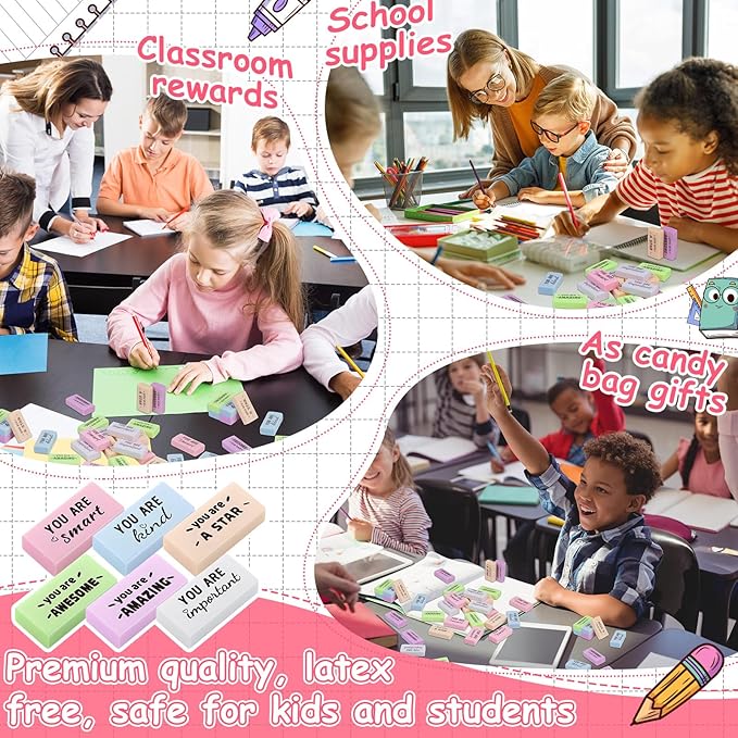 Resurhang 180 Pcs Erasers Bulk for Kids Inspirational Pencil Erasers Bulk for Drawing Motivational Big Eraser School Supplies for Classrooms Back to School Office (Motivational,Macaron)