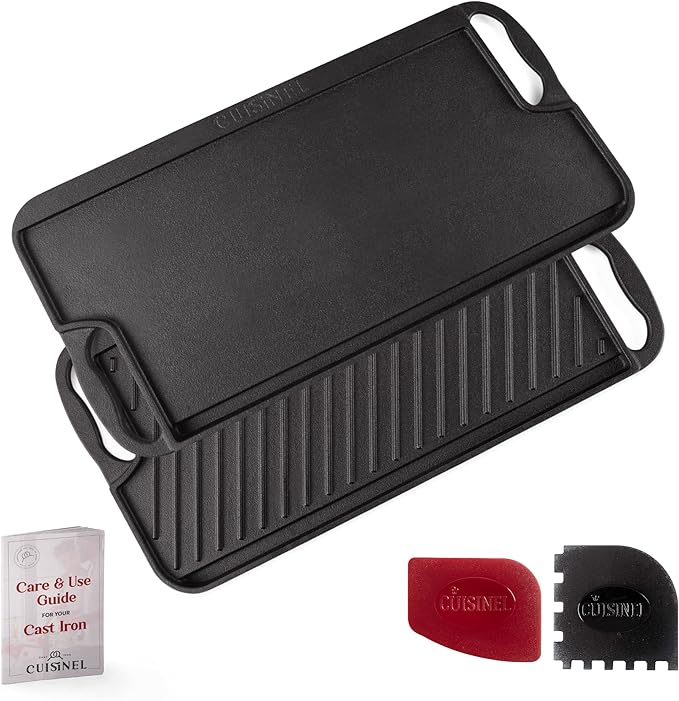 Cuisinel Cast Iron Griddle/Grill + Scraper/Cleaner - Reversible Pre-Seasoned 20" X 10"-inch Dual Handle Flat Skillet and Griller Pan + Cleaning Accessories - Indoor/Outdoor Stove Top Burner, Gas Safe