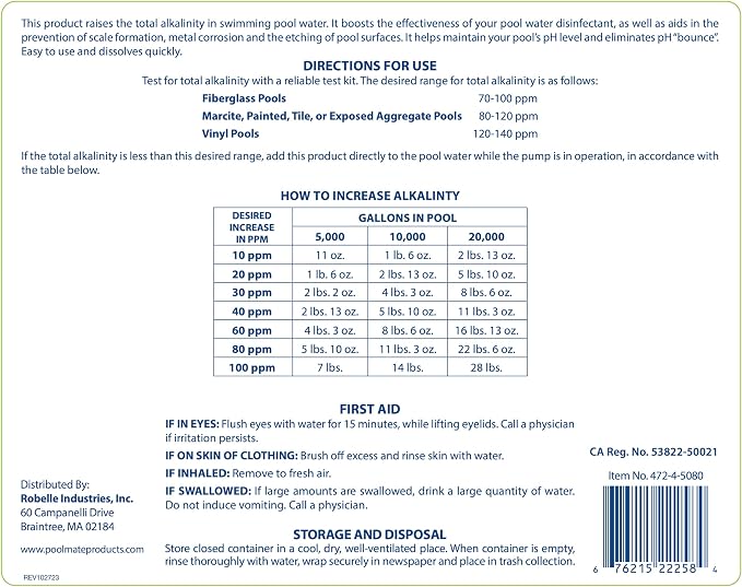Pool Mate 25-Pounds Premium Alkalinity Increaser for Swimming Pools, 100% Sodium Bicarbonate, Made in USA