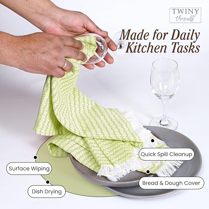 TWINY threads Kitchen Towel Chevron Weave, 4 Pack, Premium Large 100% Cotton Kitchen Linen Set, Absorbent Quick Drying Dish Rags for Drying Dishes, Multi Purpose Washable Towel, 16"x26", Lemon Green