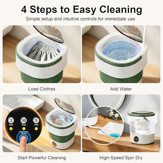 Portable Washing Machine - 22L Mini Foldable Washer with Spin Basket, 3 Cleaning Modes & Deep Cleaning for Small Clothes, Collapsible Laundry for Apartment, Home, Hotel and Travel (Green)