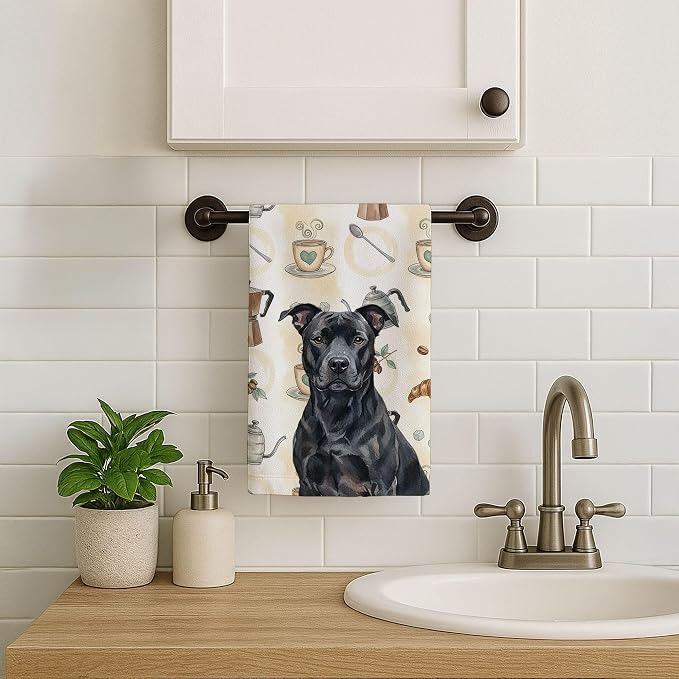 Caroline's Treasures Black American Staffordshire Terrier Coffee Bar Kitchen Towel Velour Plush Front and Cotton Loop Back Machine Washable