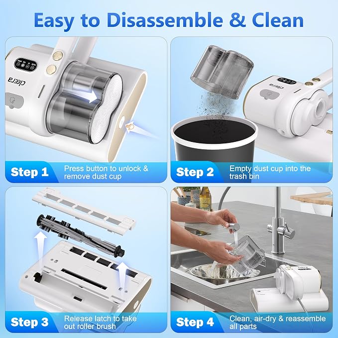 Mattress Vacuum Cleaner, 16KPa Suction, 14000RPM Tapping, 253.7nm UV-C Dual Optical Sensors, 400W Bed & Couch Vacuum, Dual Brushroll, Smart Dust Sensor, HEPA Filtration for Sofa Crib Carpet