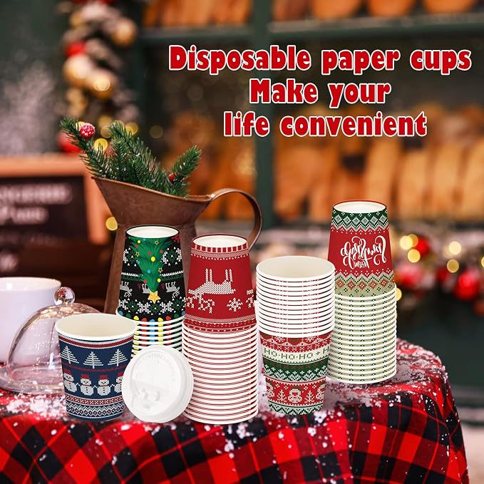 Gerrii 100 Set Christmas Paper Cups Disposable 12 oz with Lids Hot Chocolate Cups Coffee Cups Holiday Hot Cups for Hot and Cold Drinks Tea Water Bar Supplies Winter Season (Ugly Sweater Style)