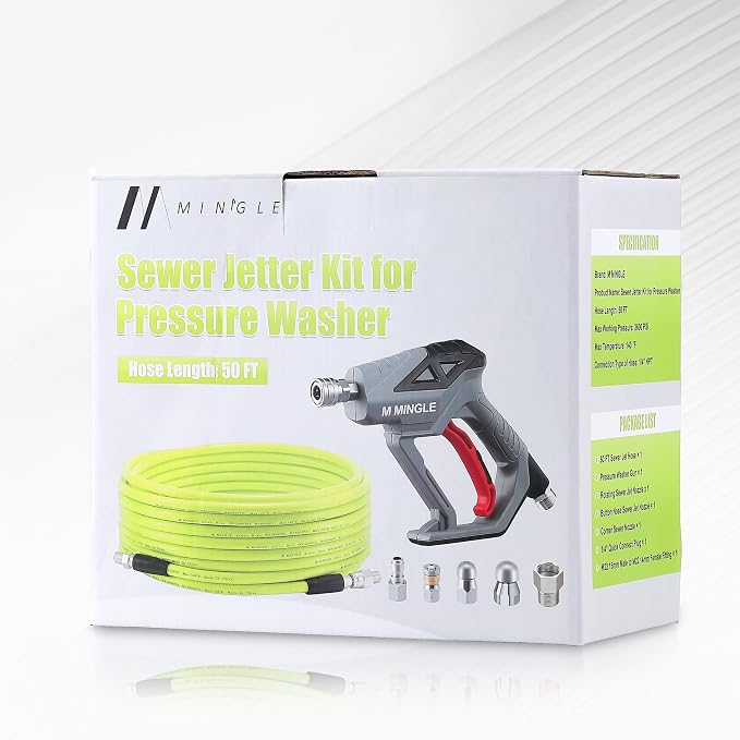 M MINGLE Sewer Jetter Kit for Pressure Washer 50 FT, Drain Cleaner Hose with Power Washer Gun, 1/4 Inch NPT Corner Rotating and Button Nose Sewer Jetting Nozzle, Orifice 4.0, 4.5