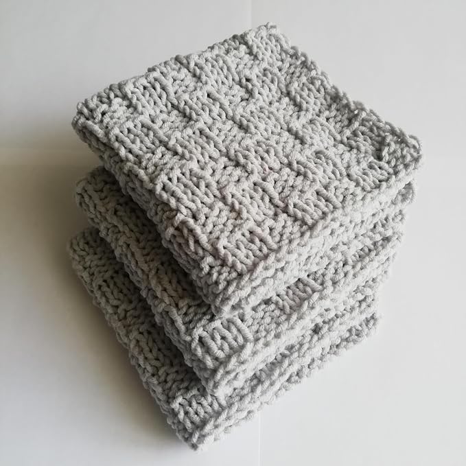 Light Grey Cotton Set 3 Dishcloths Kitchen scowing pad Drink Absorbent Reusable Washcloth Handmade Ecology Rags Knitwear