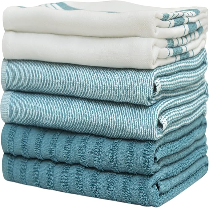 Premium Kitchen Towels (20”x 28”, 6 Pack) | Large Cotton Dish Towels | Flat & Terry Highly Absorbent Kitchen Linen Set with Hanging Loop | Aqua
