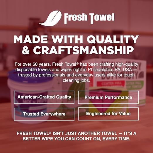Fresh Towel Heavy Duty Center Pull Shop Towel Rags for Cleaning- (1 Box of 160 Sheets) Disposable Cleaning Towels - 9 x 12 inches - FT800 (Red)