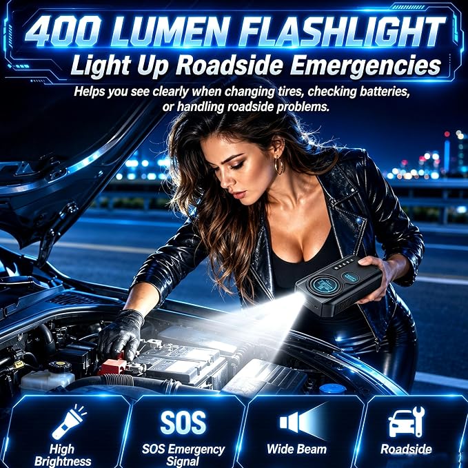 9000A Jump Starter with Air Compressor 10-1 Portable Tire Inflator German Fast-Charging Power Bank Car Diesel Battery Booster for Car Owners Camping Road Trips Family Safety Gift (multipurpose use)