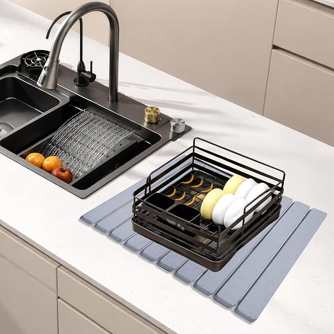 Kitchen Dish Drying Mat - Super Absorbent Microfiber Countertop Drainer Pad, Quick Dry Sink Mat for Dishes, Glassware & Utensils, Non-Slip Kitchen Counter Protector (Light Grey)