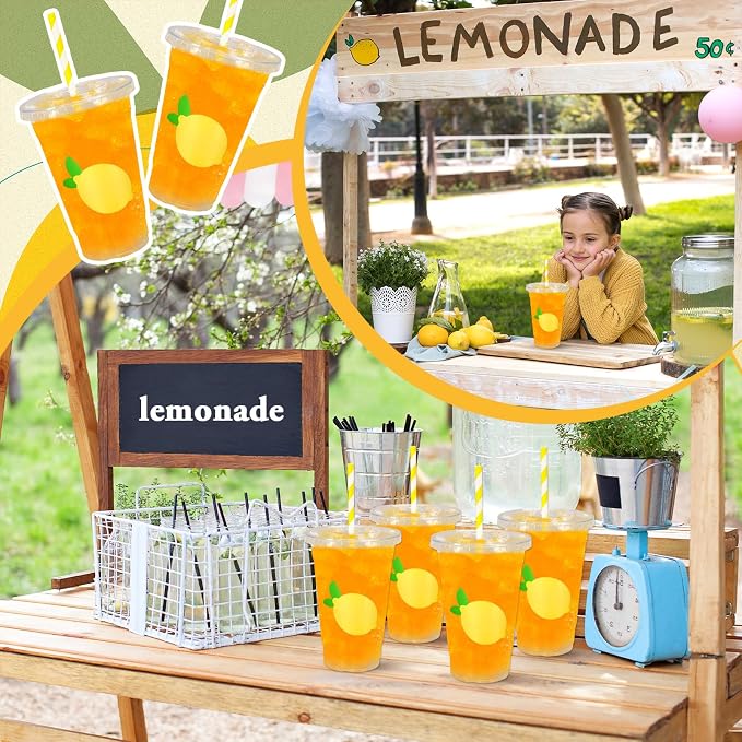 Whaline 50Pcs 16Oz Lemon Disposable Plastic Cups with Lids and Straws Summer Citrus Fruit Cold Beverage Drinking Cups for Birthday Baby Shower Party Supplies