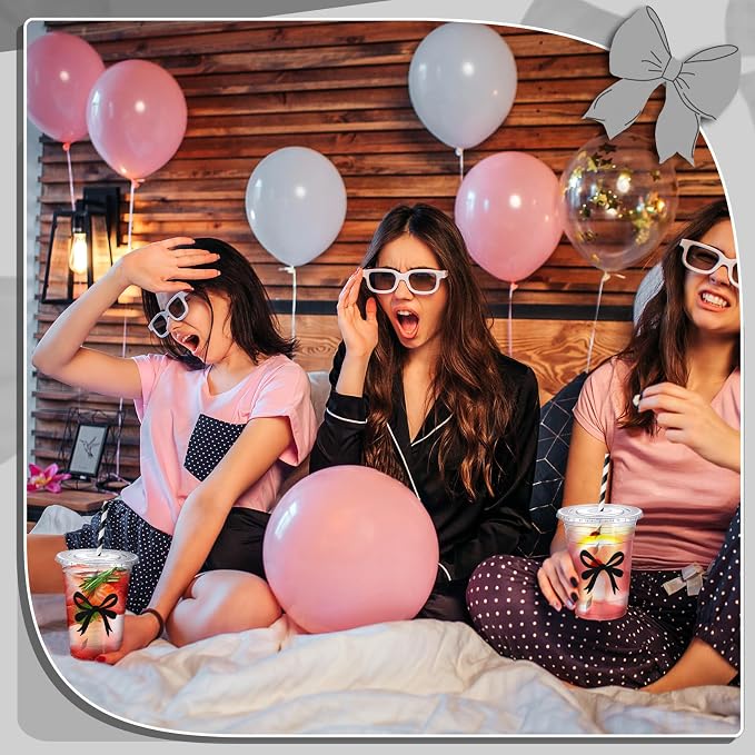 Sliner 50 Pcs 16 oz Coquette Disposable Plastic Cups with Straw for Black Bow Party Supplies Bow Cups Birthday Wedding Bridal Engagement Party Drinkware Baby Shower Decorations