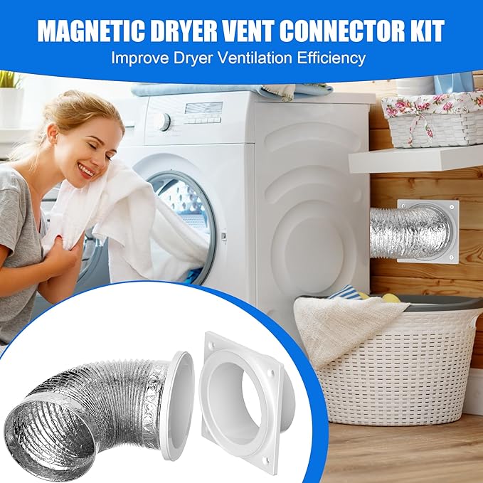 Magnetic Dryer Vent Coupling, Airtight Seal Strong Magnet Dryer Vent Connector Kit Quick Connect Disconnect Easy to Clean Flexible Hose Exhaust Duct Adapter Attachment with Clamps Screws