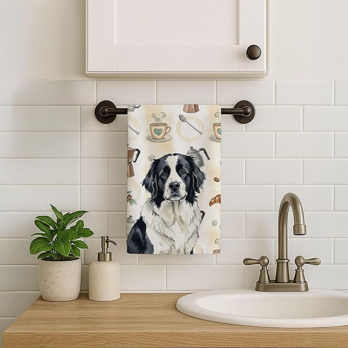 Caroline's Treasures Landseer Newfoundland Coffee Bar Kitchen Towel Velour Plush Front and Cotton Loop Back Machine Washable