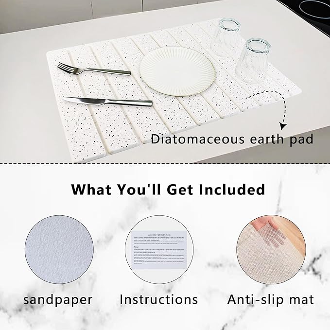 Large Stone Drying Mat for Kitchen Counter Diatomaceous Earth Collapsible 24”(L)*16”(W)Super Heat Resistant Mats, Quick Absorbent Dish Drying Rack(Spotted pattern)