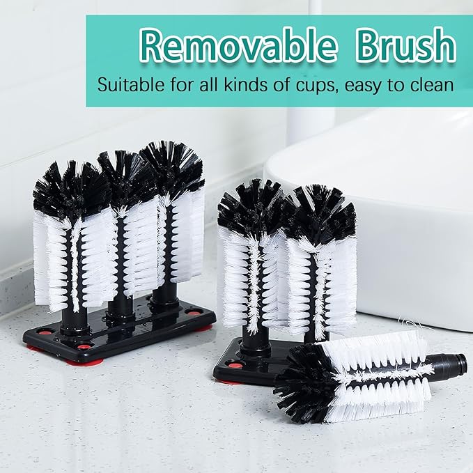 Havawish 2 Pack Water Bottle Cleaning Brush with Suction Base, 3 Head Bristle Bar Glass Washer for Sink, Cup Washer Brush Cleaner for Bar Beer Cup, Wine Glass(7.28 x 3.74 x 7.48, 10.4 x 7.4)