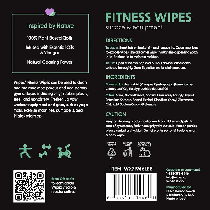 Wipex Yoga Mat Cleaner Wipes, EWG Verified, 400 Ct Plant-Based Lemongrass, Eucalyptus & Vinegar Wipes for Gym & Fitness Equipment & All Purpose Gym Cleaning - Safe for Peloton Bikes & Treadmills